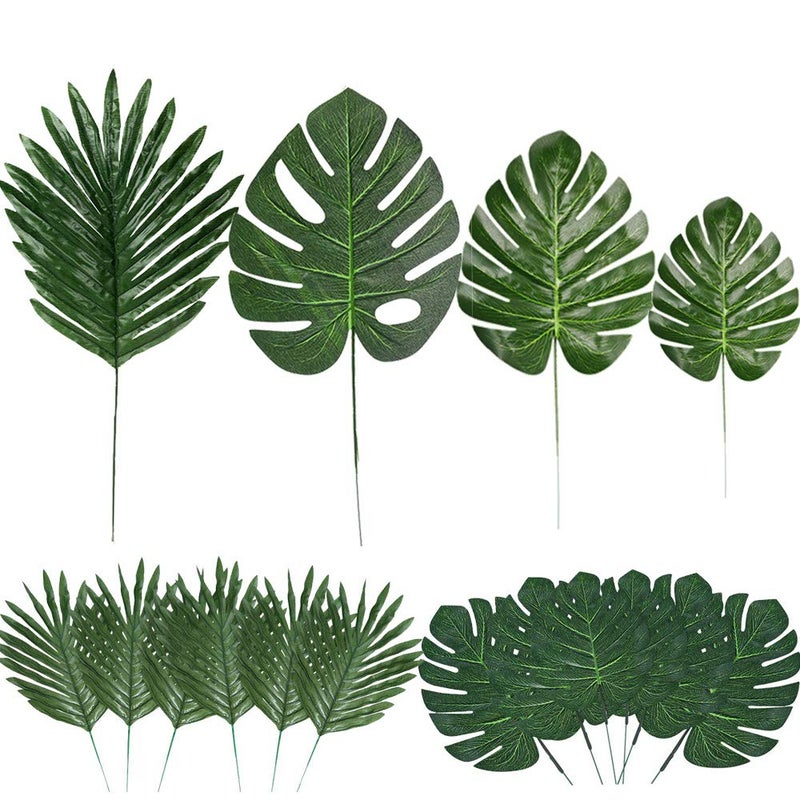LOMIRO 60 Pieces 4 Kinds Artificial Palm Leaves with Faux Stems Tropical Plant Leaves Monstera Leaves Safari Leaves for Hawaiian Luau Party Jungle Beach Table Leave Decorations - Image 1